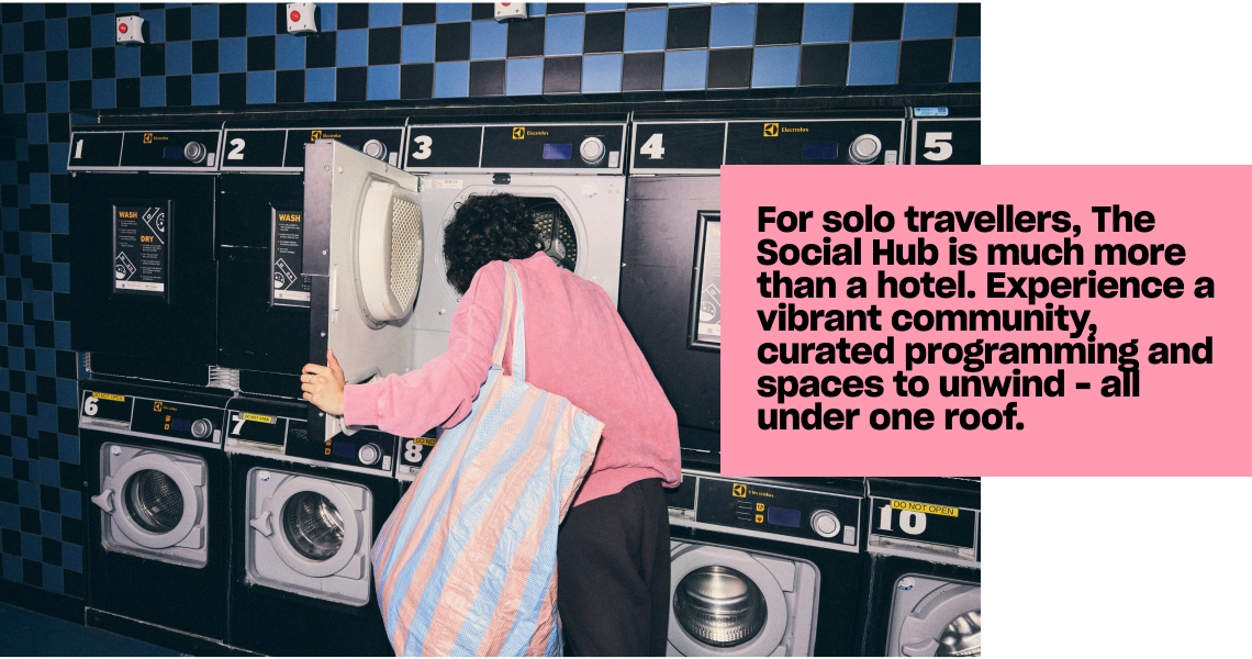 image with a quote from our instagram follower, For solo travellers, The Social Hub is much more than a hotel. Experience a vibrant community, curated programming and spaces to unwind-all under one roof