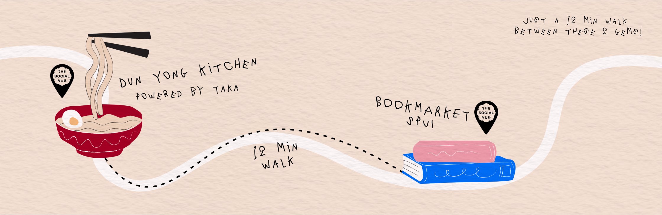 a creative interpretation of a map with digital illustrations of a bowl of ramen and a pile of books, with a handwritten font text