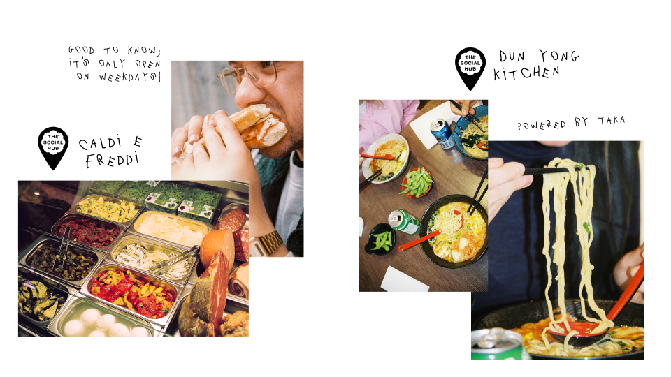 collage arrangement of images showing a deli with colourful foods, a man with glasses eating a sandwich, bowls of ramen and noodles.