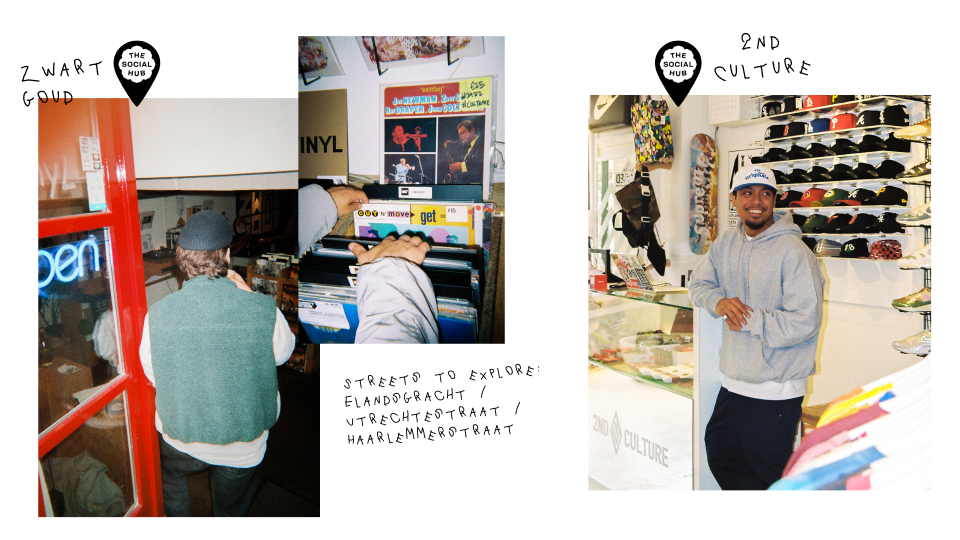 collage of images. image one: man standing in a doorway with his back turned. image two, hands sifting through a collection of records.  image three, full length view of man standing in a store with sneakers on the back wall.