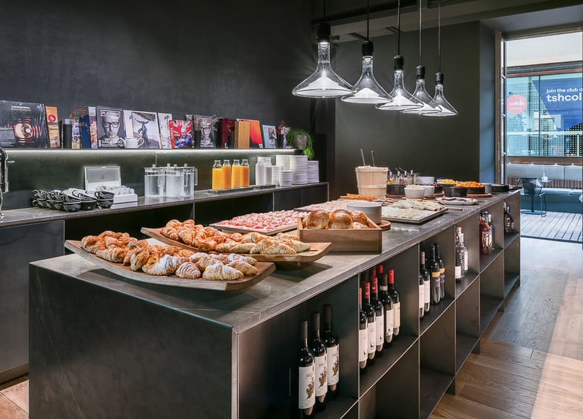Pastries, hot food, juice and water on display at OOO restaurant at TSH Florence