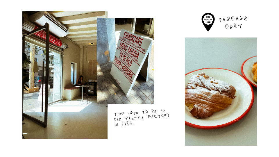 three images arranged like a collage to show a cafe. one shows the entrance with a small table. one image shows the menu on a menu board with red bold letters. the third image is a chocolate croissant on a plate wiith a bite taken out of it.
