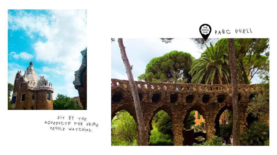 two images placed like a collage. one image is a artistically design bridge made from bolbous rocks in a yellow shade. there are green palm trees. the second image is a close up of a castle tower and a blue sky background.