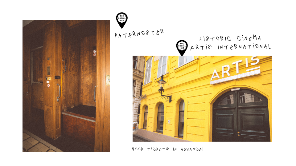 one image of an old paternoster lift, dark brown wood. one image of a bright yellow building with the name of the location 'artis' on the front.