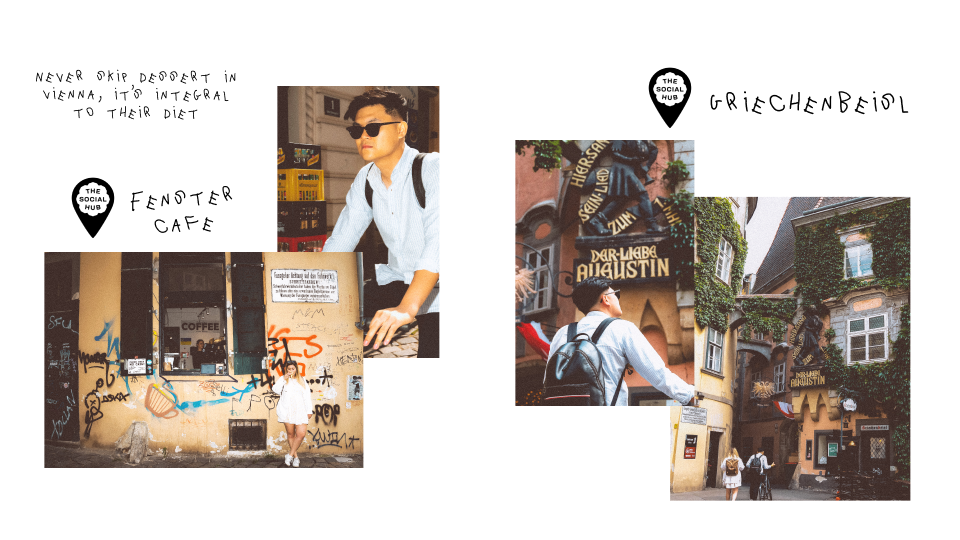 multiple images arranged like a collage. one image is half body shot of a man on a bike with sunglasses. the second image is a wall with graffiti and a woman in a white dress standing in front of it. one image is a man from the back with a backpack, looking up at a building where the name of an esblishment is written in old gothic font. the second image is a zoom out of the establishment, a tall building with a lot of green vines. the text around the visual images is written in a childlike handwriting font. 