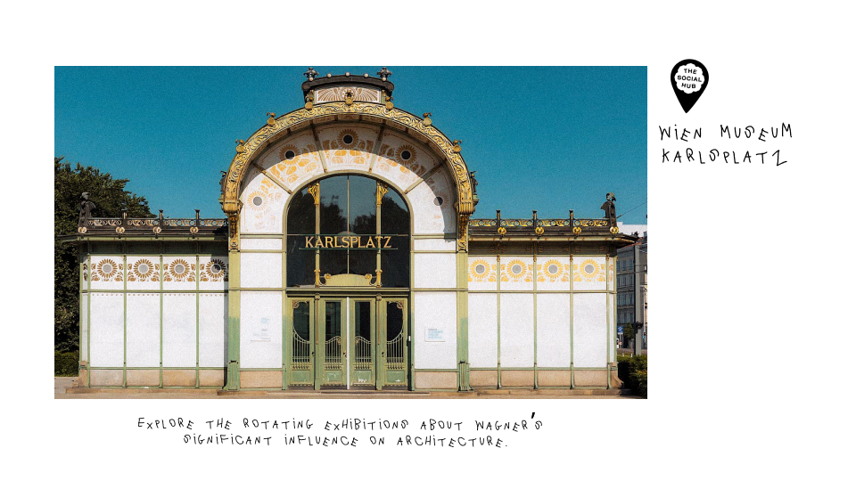 an image of an old train station in an art nouveau style with a grand arch entrance. there is a blue sky. the text around the visual images is written in a childlike handwriting font.