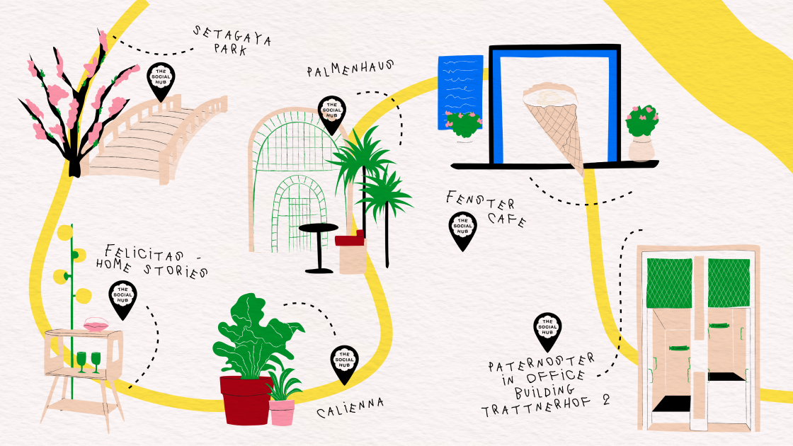 creative interpretation of a map, colourful digital illustrations of trees, a bridge, some plants, an ice cream cone, an old school lift. detailed with childlike handwriting. 