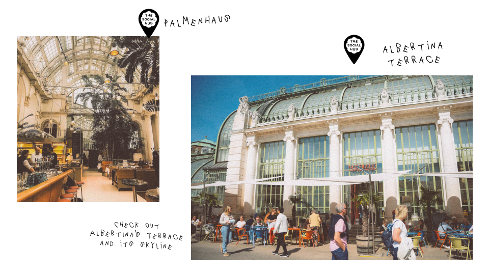 an image of the inside of a restaurant with high ceilings and skylights and many plants. the second image is a greenhouse looking building with outside seating terrace and people sitting down and walking past.