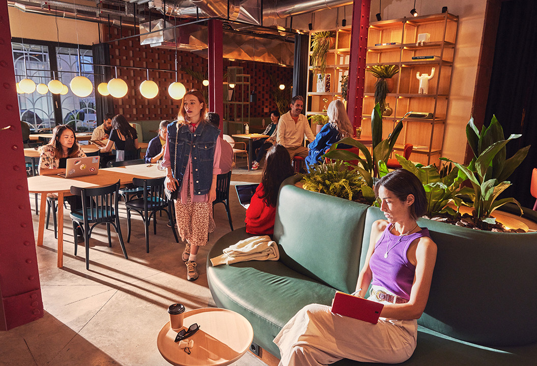 Guests hanging out in the lobby of The Social Hub