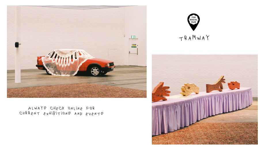 collage of images, image of an exhibition space with an old red car and a table with purple table cloth with four sculptures on it.