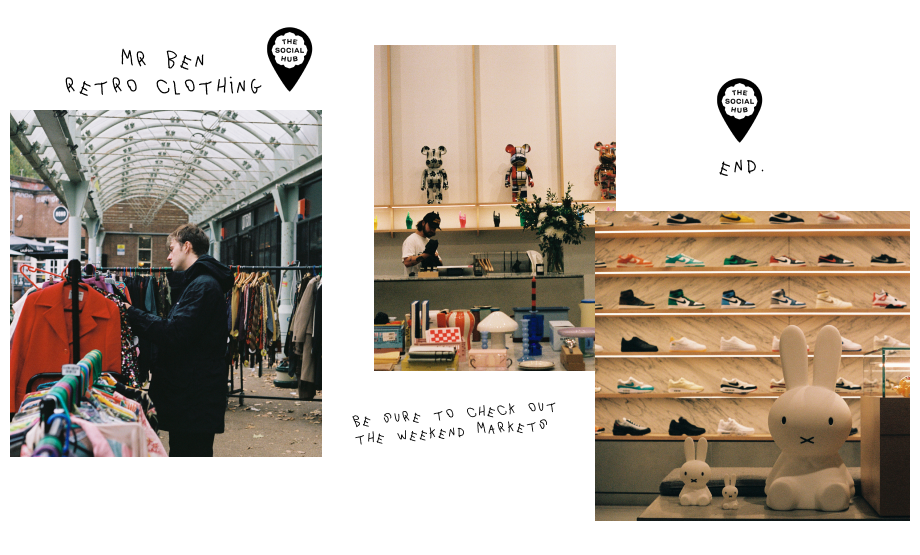 collage of images, a men standing in a hall with racks of second hand clothing, a sneaker shop with sneakers on the wall and a guy in a concept store behind a cashier desk.