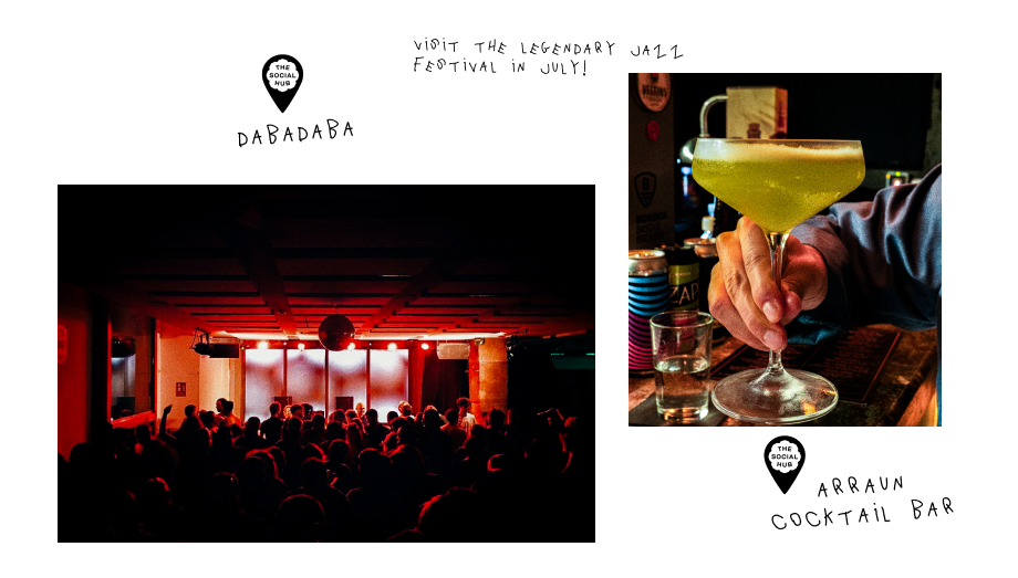 multiple images arranged in a collage, night club with red lights, big disco ball and people dancing, a girl's hand with a cocktail in a bar.