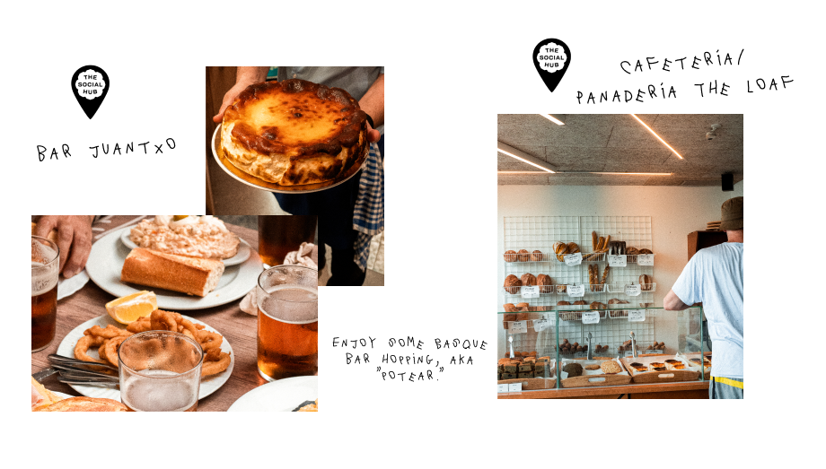 collage arrangement of images showing typical Basque food on multiple plates on a table, a guy visible with his back at the cashier's desk of a bakery.