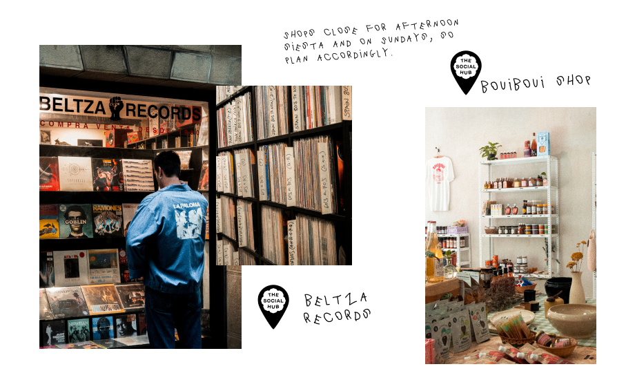 collage of images, showing a guy visible with his back in a record store, a rack of records, a food shop with local Basque products.