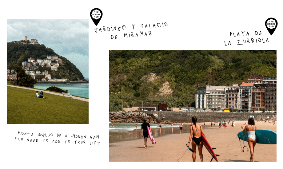 collage of images with the beach in San Sebastián, people walking at the beach with surf materials, a hill with houses and the sea.